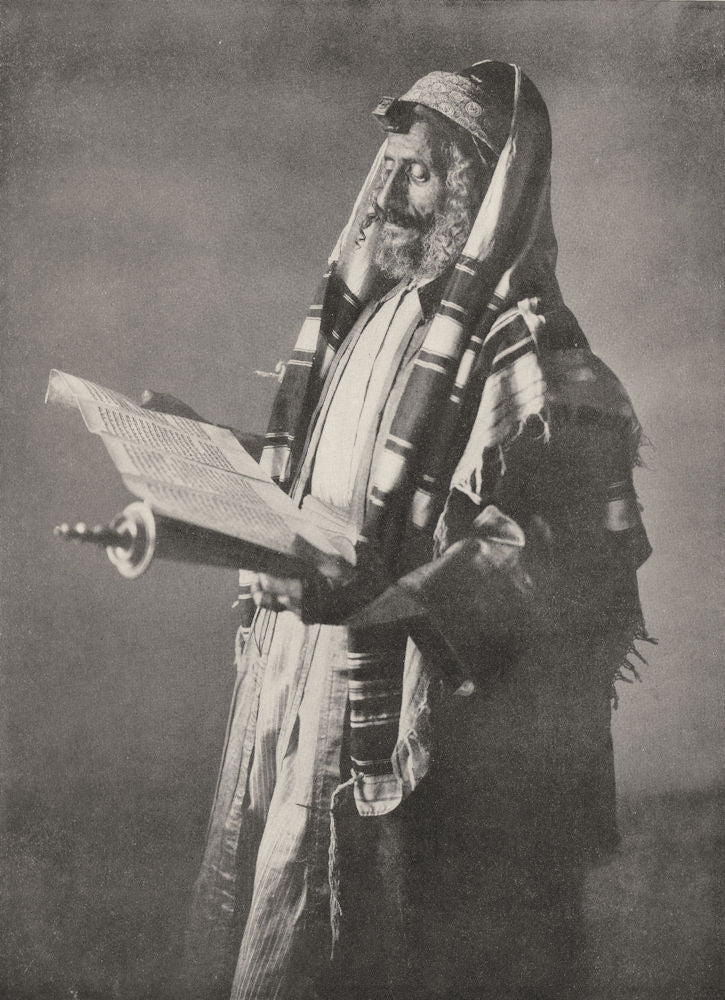 ISRAEL. Reading the law; Rabbi phylactery tallith 1900 old antique print